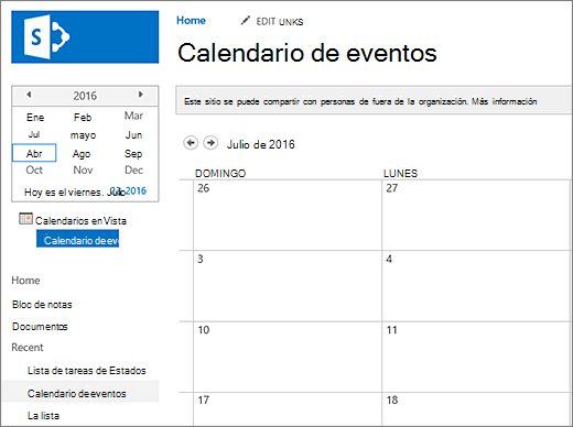 Ejemplo de una aplicación de lista de calendarios.