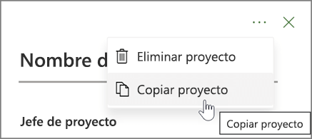 Captura de pantalla de elegir los tres puntos y, después, "Copiar proyecto" en el panel Detalles del proyecto.