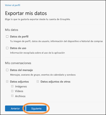 Ventana Exportar mis datos en GroupMe con el botón Siguiente resaltado