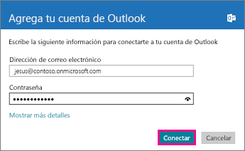 Página Agregar su cuenta de Outlook de Correo de Windows 8