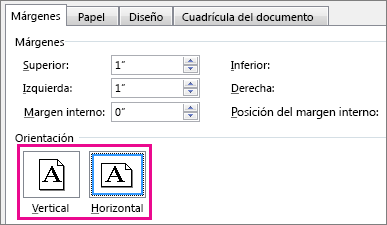 Botones Vertical y Horizontal del cuadro Configurar página.