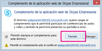 Confiar en el dominio del complemento de la aplicación web de Skype Empresarial