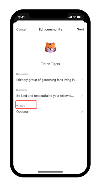 Captura de pantalla de la página editar comunidad y el botón para agregar un sitio web de la comunidad en Microsoft Teams (gratis) en un dispositivo móvil.