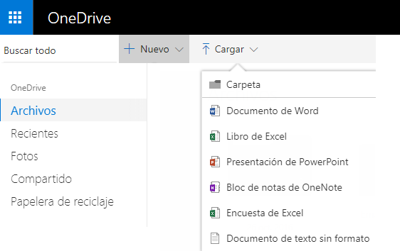 Captura de pantalla que muestra cómo crear un documento desde OneDrive.com