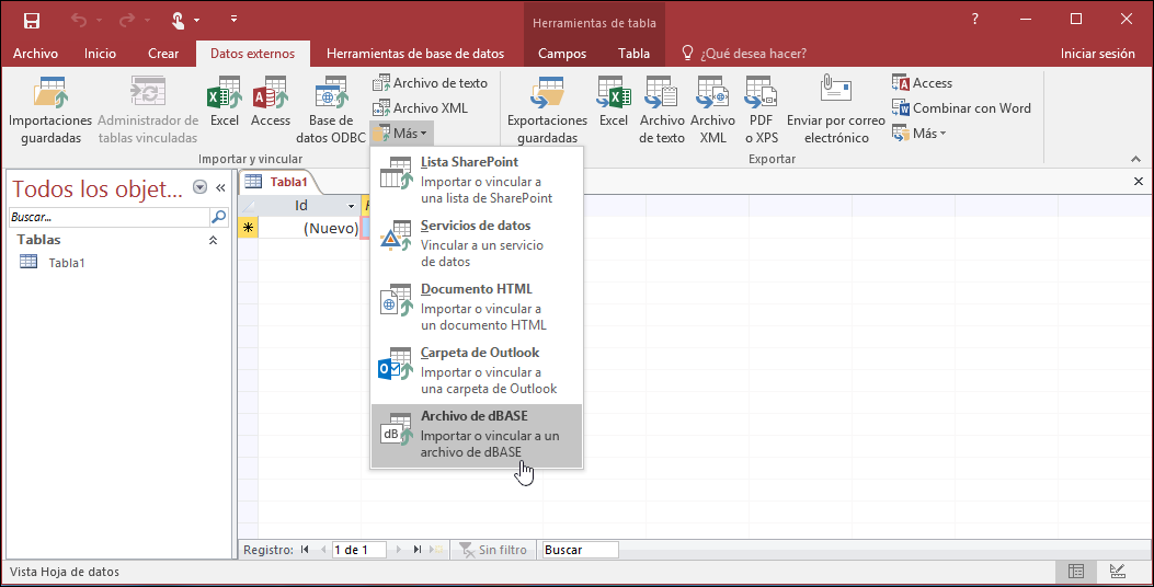 Captura de pantalla de Access con la opción Archivo dBASE seleccionada en la pestaña de la cinta Datos de Exernal