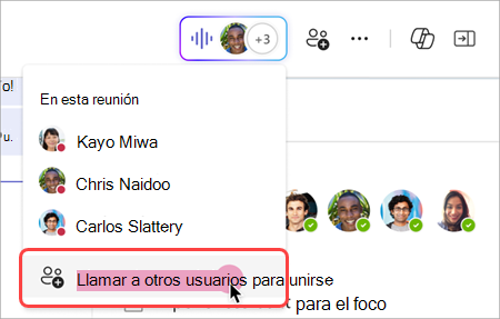 Captura de pantalla que muestra cómo llamar a otros usuarios desde el indicador de directo en una reunión instantánea de chat grupal.