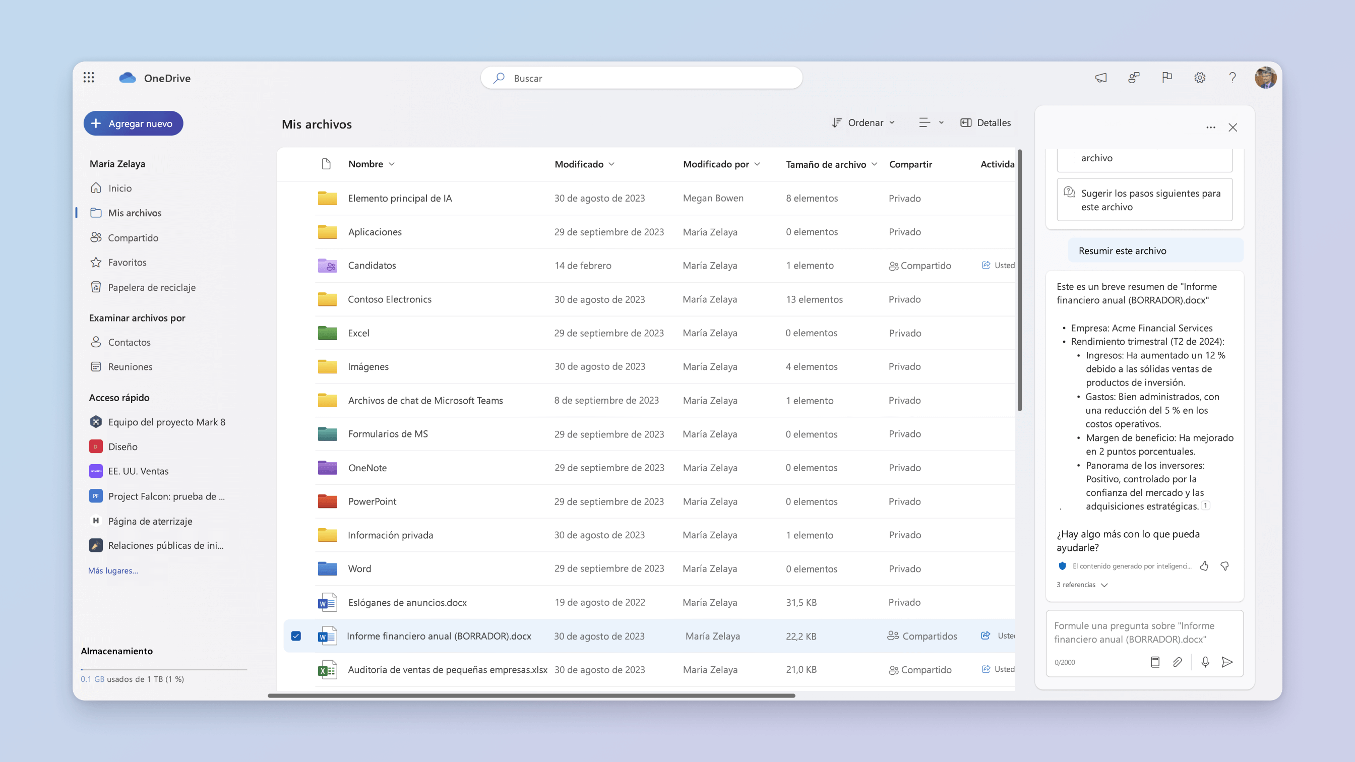 Captura de pantalla en la que se pregunta sobre la característica de archivos de OneDrive para Copilot