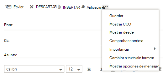 Una captura de pantalla muestra las opciones disponibles en el comando más de la barra de herramientas del mensaje de correo.