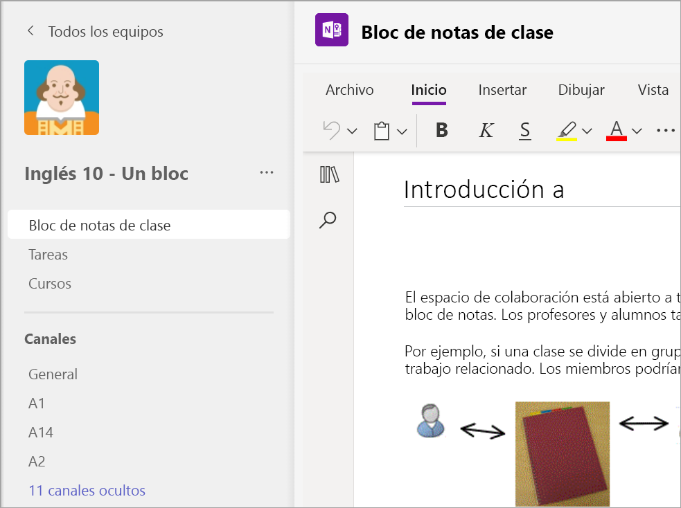 Captura de pantalla de la página de aterrizaje de la pestaña Bloc de notas de clase en un equipo de clase en Microsoft Teams para el ámbito educativo