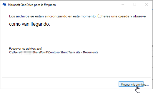 Cuadro de diálogo de sincronización de OneDrive para la empresa que muestra el botón mis archivos resaltado.