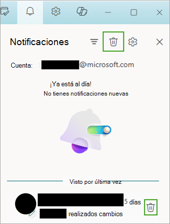 Usa el icono de notificaciones y, a continuación, selecciona Eliminar para mover las notificaciones