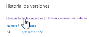 Cuadro de diálogo Versión, con Eliminar todas las versiones resaltado