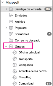 Grupos listado en el panel de carpetas de Outlook 2016 para Mac