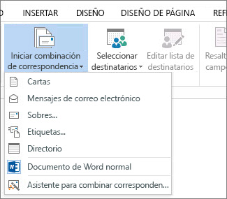Captura de pantalla de la pestaña Correspondencia de Word, donde se muestra el comando Iniciar Combinar correspondencia y la lista de opciones disponibles para el tipo de combinación de correspondencia que desee ejecutar.