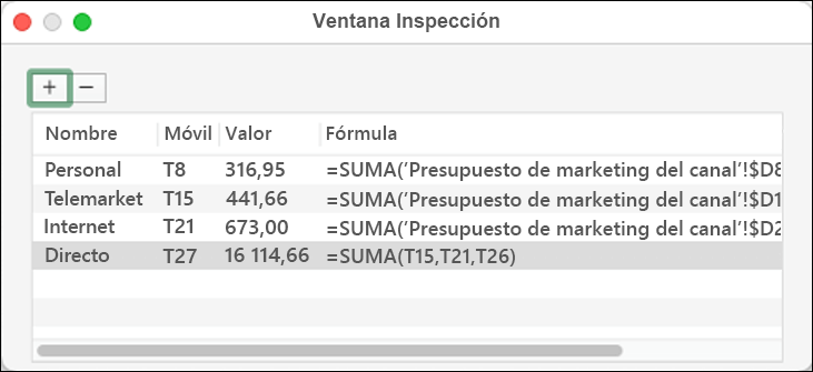 Ventana Inspección en Excel 2021 para Mac que muestra nombre, celda, valor y fórmula