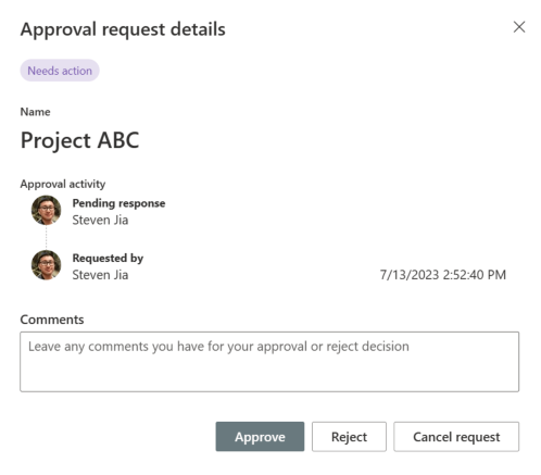 Captura de pantalla que muestra el cuadro de diálogo Detalles de la solicitud de aprobación.