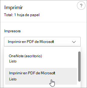 Captura de pantalla que muestra la selección de Microsoft Imprimir en PDF