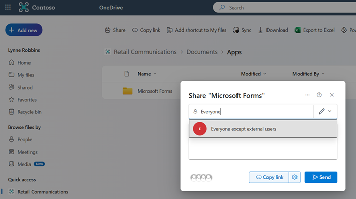 Captura de pantalla que muestra cómo compartir la carpeta Microsoft Forms con el grupo Todos excepto los usuarios externos.