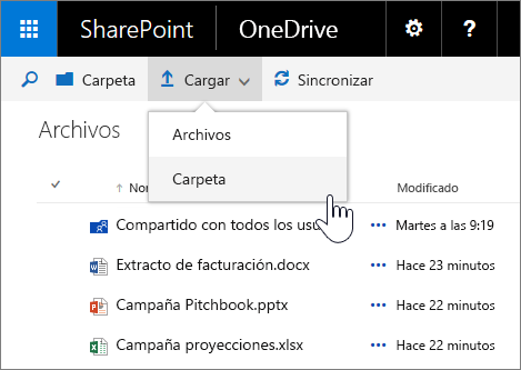 Captura de pantalla de la carga de una carpeta en OneDrive para la Empresa en SharePoint Server 2016 con Feature Pack 1