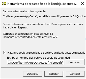 Muestra los resultados del archivo de datos .pst de Outlook analizado mediante la Herramienta de reparación de la Bandeja de entrada de Microsoft, SCANPST.EXE