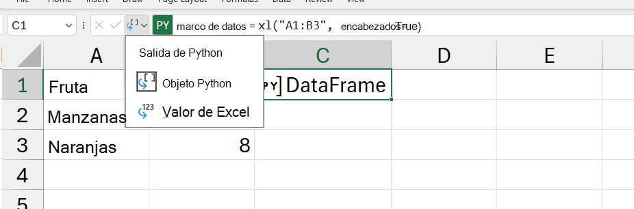 El menú de salida de Python abierto en Excel.