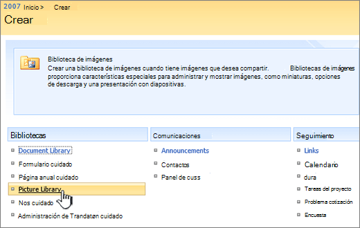 Selección de biblioteca de imágenes de la lista de bibliotecas en Crear