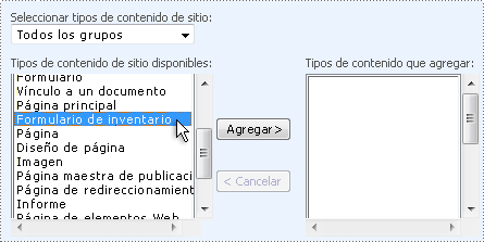 Interfaz de usuario de SharePoint para agregar tipos de contenido