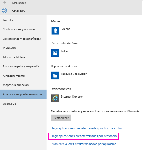 Captura de pantalla de la opción de configuración de Windows 10 Establecer valores predeterminados por aplicación.