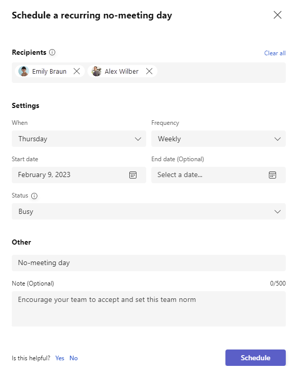 Screenshot that shows the setup window for a no-meeting day