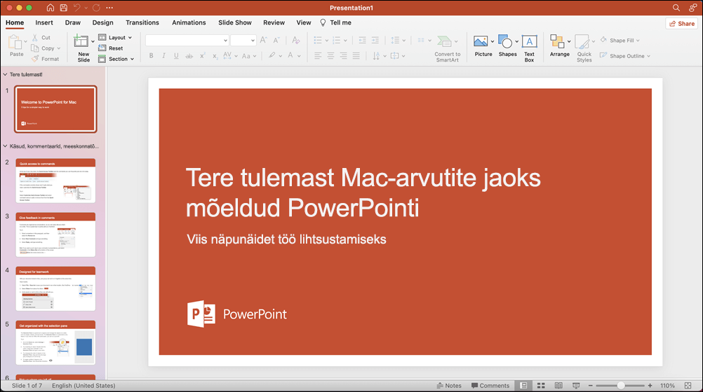 PowerPoint 2021 for Mac aken, kus on avatud mall Tutvustus