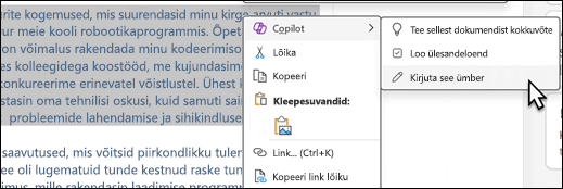 Osa tekstist on OneNote’is valitud. Kuvatakse kontekstimenüü, kus on valitud „Copilot“ ja alammenüüs on valitud „Kirjuta see ümber“.