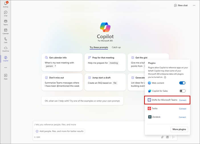 Screenshot of adding the Shifts for Microsoft Teams plugin for Copilot for Microsoft 365 to Teams.