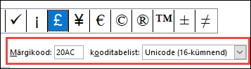 Väljal „kooditabelist“ kuvatakse teavet, et tegemist on Unicode’i sümboliga