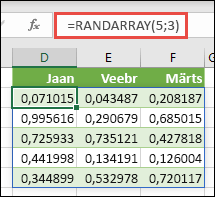 Exceli funktsioon RANDARRAY. RANDARRAY(5;3) tagastab juhuslikud väärtused vahemikus 0 kuni 1 massiivis, mille kõrgus on viis rida ja laius on kolm veergu.