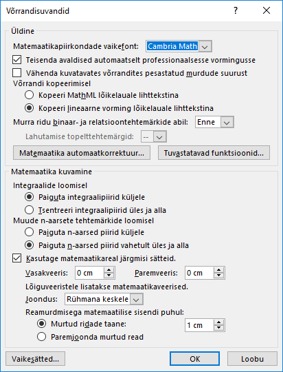 Image showing the Equation Options dialog box