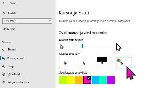 Kursori suuruse ja värvi muutmine Windows 10 Sätted rakenduses