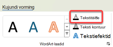 WordArt-objekti värvi muutmiseks valige see ja seejärel valige menüüs Kujundi vorming nupp Tekstitäide.