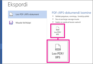 Rakenduse Word 2016 menüü Ekspordi nupp Loo PDF/XPS.
