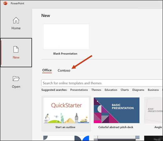 The New presentation tab backstage with an arrow pointing at the Contoso template folder.