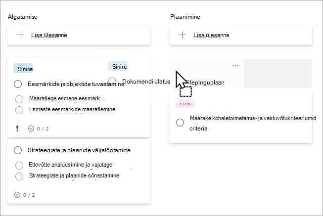 Ülesande lohistamine tahvlivaates salvede vahel