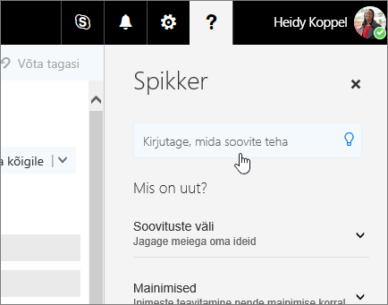 Screenshot of Help paani Outlooki veebirakenduses, kus on kuvatud ruut "ütle mulle".