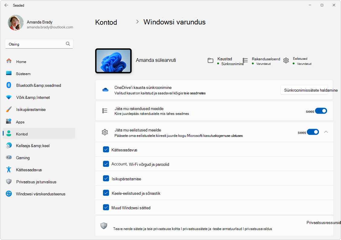 Kuvatõmmis sätete > kontodest, > Windowsi varukoopia Windows 11.