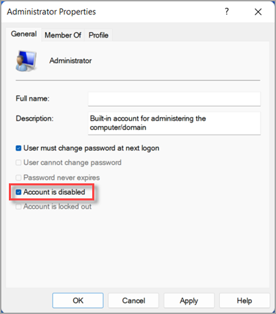 Windows 11 kuva Administraatori atribuudid, kus on esile tõstetud suvand Konto on keelatud.