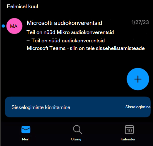 Outlooki mobiilirakenduse sisendkaust, mille allservas on kuva allservas ribareklaamiga nupp "Logi sisse".