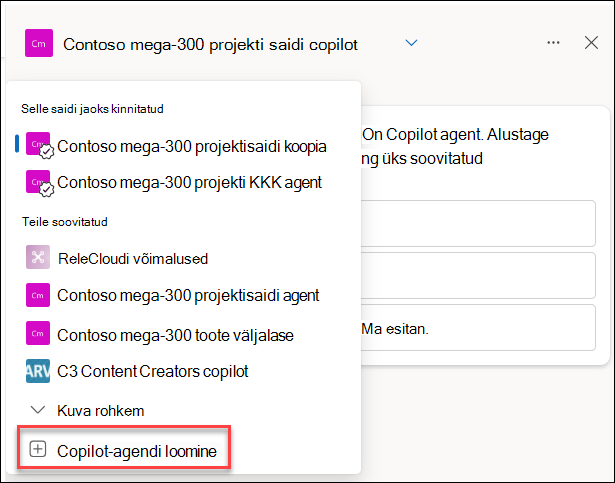 Vestluspaani kaudu uue Copiloti agendi loomise kuvatõmmis