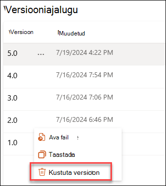 versiooni kustutamise kuvatõmmis