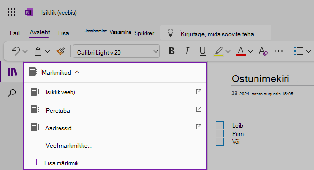 Kuvatõmmis OneNote’i märkmike näidisripploendist