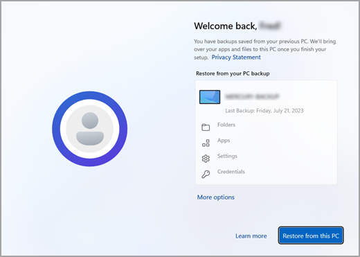 Windows 11 häälestuse kuva Varundustaaste.