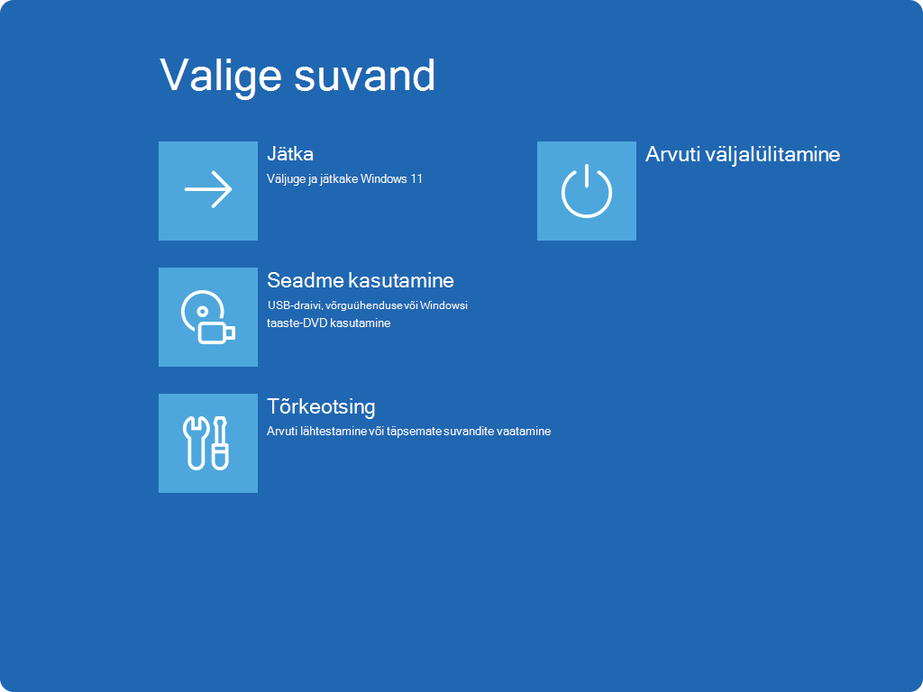 Kuvatõmmis Windows RE kuvast Valige suvand.