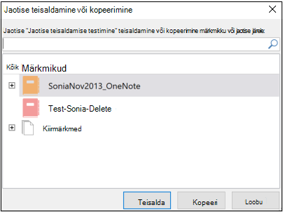 OneNote for Windows 2016 jaotise teisaldamise või kopeerimise dialoog